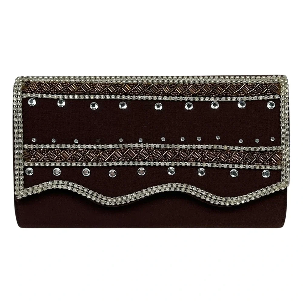 NWT Elite Champagne Clutch Purse Womens Brown‎ Cream Beaded Rhinestone NOS VTG